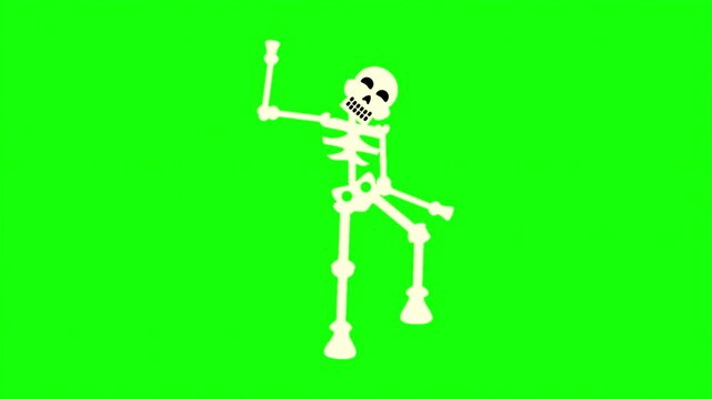 Dancing skeleton animation on green screen, funny cartoon bone character, halloween party visual for video editing