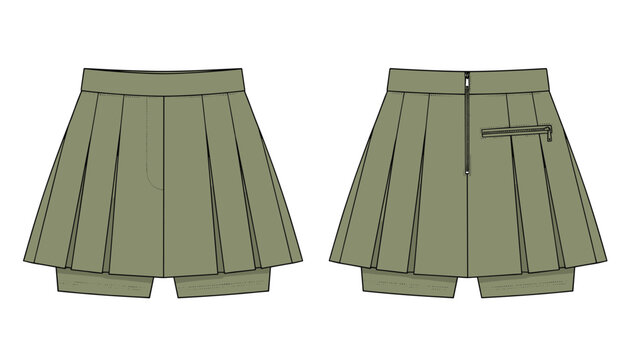 Front and back views of an olive green pleated skort designed with athletic fabric and a practical side zipper closure for modern casual fashion.