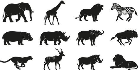 Fototapeta premium Set of black African safari wildlife silhouettes featuring elephants giraffes lions and other animals
