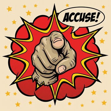 Comic book style illustration of a hand pointing forward with a speech bubble saying the word accuse