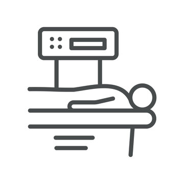 DEXA Bone Scan icon. Patient on a bone density scanner. Simple thin line outline vector illustration. Editable stroke. Pixel Perfect. 