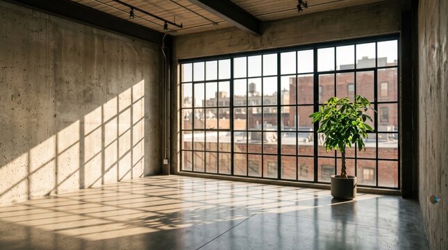 Empty industrial loft apartment featuring raw concrete walls polished cement floors large steel grid windows and a single potted green plant bathed in soft sunlight
