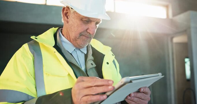 Tablet, thinking and man at construction site, development inspection or quality control with flare. Tech, mature person or engineer problem solving, building info or safety checklist with helmet