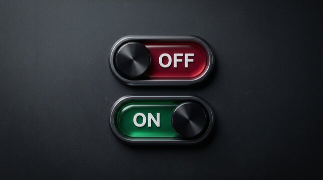 On and Off Toggle Switch: A close-up view of two toggle switches, one red and labeled OFF and the other green and labeled ON, set against a dark, textured background, representing choice and power.