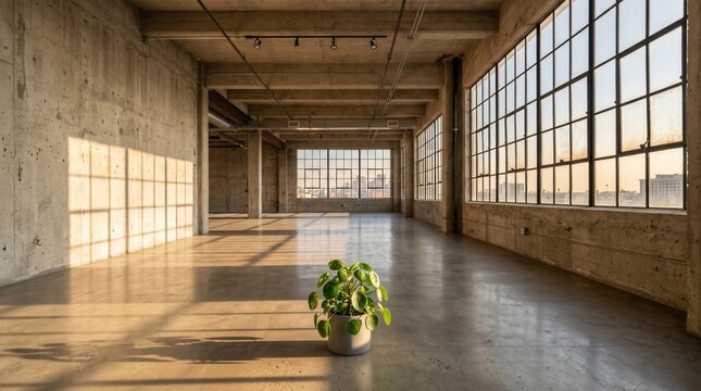 Pilea plant sits centered inside a vast industrial warehouse loft featuring high concrete ceilings large window panes and golden sunset light stretching across polished concrete floors