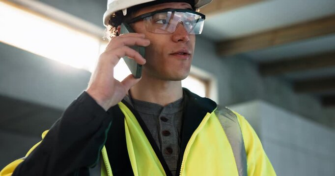 Construction, tablet or man on site with phone call, task brief or inspection update in chat. Contact, talking or engineer with tech, building report or project coordination in feedback communication