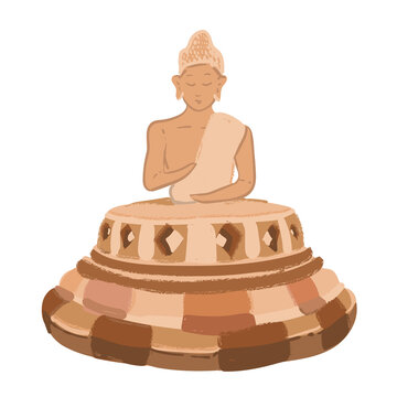 Hand drawn vector illustration of Buddha statue sitting in Borobudur stupa Indonesia landmark