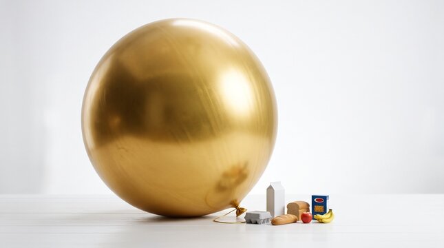 Giant golden balloon sphere beside tiny grocery products on white background, inflation, rising prices, cost of living and shrinking purchasing power concept with copy space