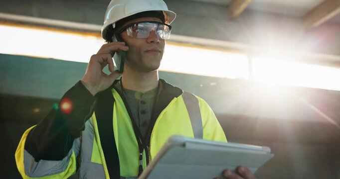 Construction, tablet or man with phone call, inspection update or site briefing in online chat. Contact, PPE or engineer with tech, building report or project coordination in feedback communication