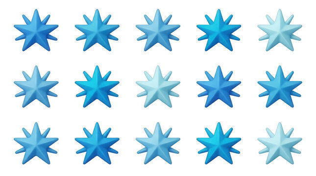 Eine Anordnung von f&uuml;nfzehn dreidimensionalen Sternen in verschiedenen Blaut&ouml;nen, die in einem Raster auf einem wei&szlig;en Hintergrund angeordnet sind, ideal f&uuml;r grafische Designs und digitale