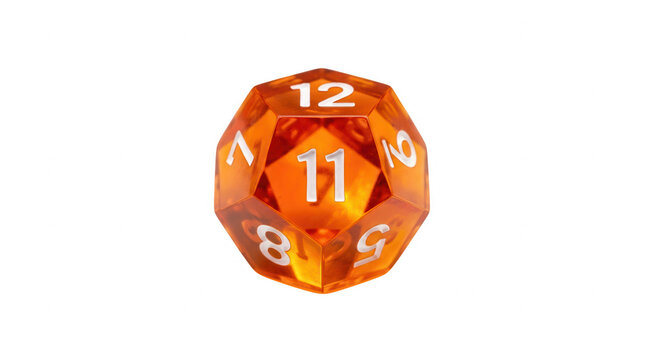 Ein einzelner, transparenter, orangefarbener zw&ouml;lffl&auml;chiger Spielw&uuml;rfel mit wei&szlig;en Zahlen auf einem isolierten wei&szlig;en Hintergrund f&uuml;r Rollenspiele und Brettspiele.