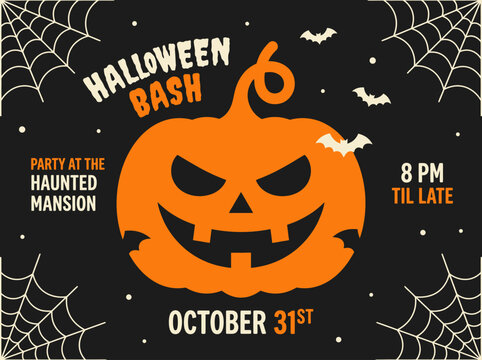 Halloween Bash Party Invitation Flyer with Scary Pumpkin, Bats, and Spider Webs Vector Illustration