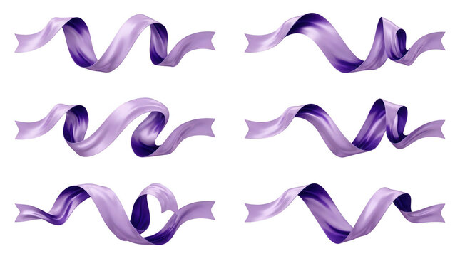 Set von sechs eleganten, geschwungenen violetten Seidenb&auml;ndern in verschiedenen Formen, isoliert auf wei&szlig;em Hintergrund f&uuml;r festliche Dekorationen und Designelemente.