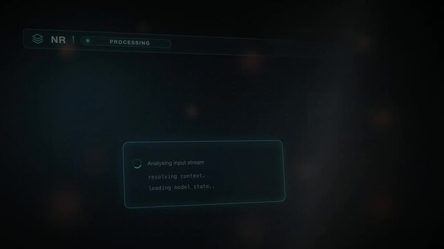 Cinematic AI Interface Reveal Animation, Futuristic Sci-Fi UI, Translucent Glass Panels, Luminous Cyan Elements, Dark Background, Continuous Motion Technology Visualization