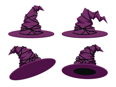 Purple witch hat vector set with black wire wrap. Isolated Halloween costume accessories for magic and fantasy designs.
