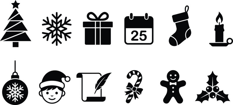 Christmas holiday icons set featuring tree snowflake gift calendar candle and bauble silhouettes winter symbols christmas graphics xmas collection calendar twenty five