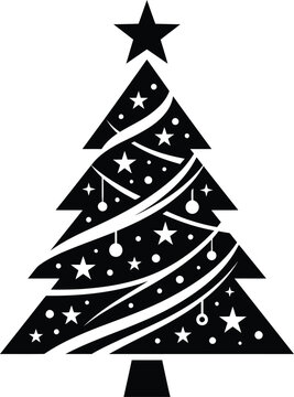 Christmas tree silhouette with star on top and garland decoration isolated on white background winter holiday black silhouette xmas pine vector graphic holiday icon