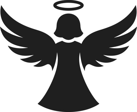Black silhouette of an angel with wide spread feathered wings and halo isolated on white background angel icon guardian angel heavenly being christmas angel religion