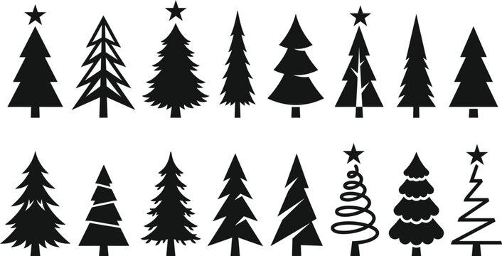 Collection of christmas tree silhouettes in various shapes and styles for holiday design with holiday icons pine trees fir trees winter symbols xmas set vector trees