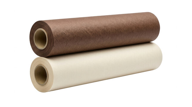 Zwei Rollen aus Vliesstoff oder Textilmaterial in Braun und Beige, isoliert auf wei&szlig;em Hintergrund, ideal f&uuml;r industrielle Anwendungen, Handwerksprojekte oder als hochwertiges Verpackungsmaterial.