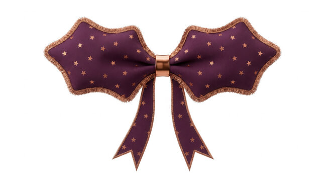 Eine elegante dunkelviolette Schleife mit goldenen Punkten und gl&auml;nzendem Rand, isoliert auf wei&szlig;em Hintergrund, perfekt f&uuml;r festliche Dekorationen und Geschenkverpackungen.