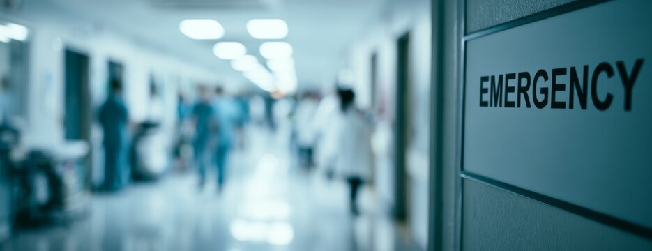 Emergency sign on a hospital wall with blurred medical staff nearby  