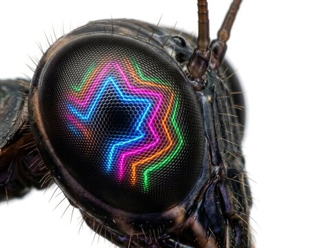 Macro shot of insect eye structure showing iridescent colors and delicate biological detail