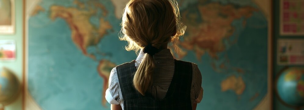 Child girl student standing in front of a world map in a classroom, back view  