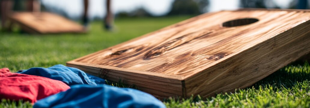 Cornhole boards and bags on grass at a summer outdoor event  