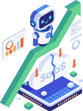 Isometric Robot Riding Rising Arrow with Broken SaaS Cloud Business