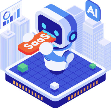 Isometric AI Disrupting SaaS Concept with Robot Consuming SaaS Symbol