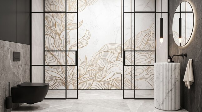 Luxury bathroom interior featuring ornate botanical wall art behind glass partition doors with marble sink vessel and hanging mirror for residential house architecture design and home decor