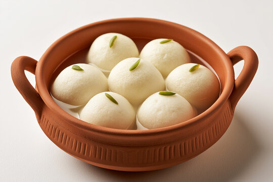 a brown earthenware printed bowl with handles is filled with round white rasgulla sweets in syrup.