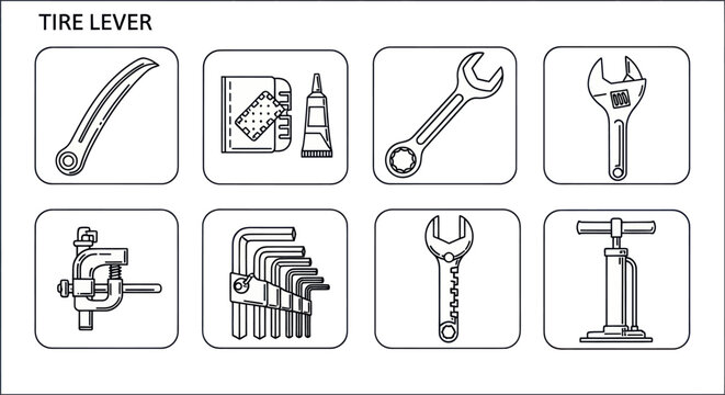Bicycle repair tools line icons set including wrench spanner tire lever patch kit chain tool hex keys and hand pump