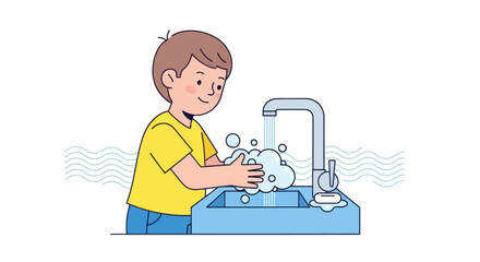 Fototapeta premium Boy washing hands with soap and water in a sink to maintain hygiene and prevent the spread of germs