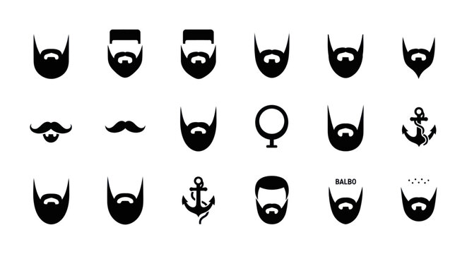Collection of diverse beard styles and grooming icons, including mustaches, anchors, and mirrors for a comprehensive male grooming toolkit