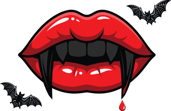 Vampire red lips with sharp fangs and dripping blood vector illustration featuring flying bats