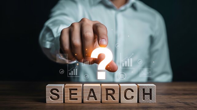 Search concept with question mark and wooden letter blocks representing research and information discovery