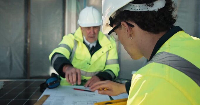 Engineer, team and reading at site with document, blueprint and architecture layout for construction. People, talking and sketch at worksite with paperwork, floor plan and collaboration for building