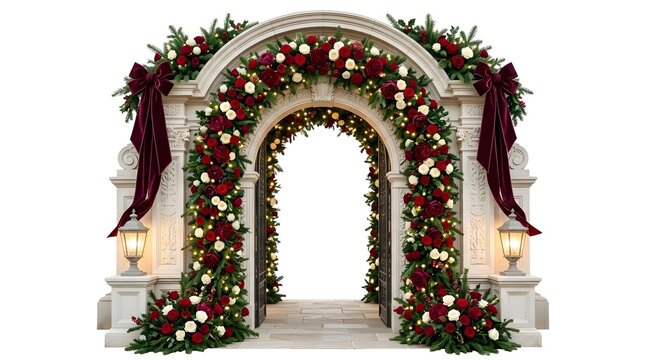 Elegant stone archway decorated with lush red roses and green foliage for a luxury wedding ceremony entrance