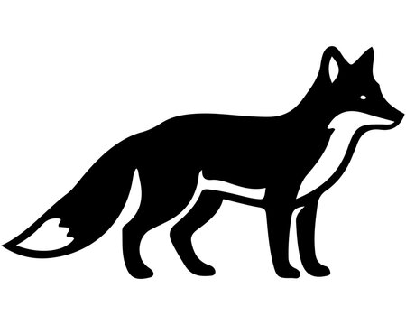 Black and white wolf silhouette walking in profile with sharp ears and bushy tail