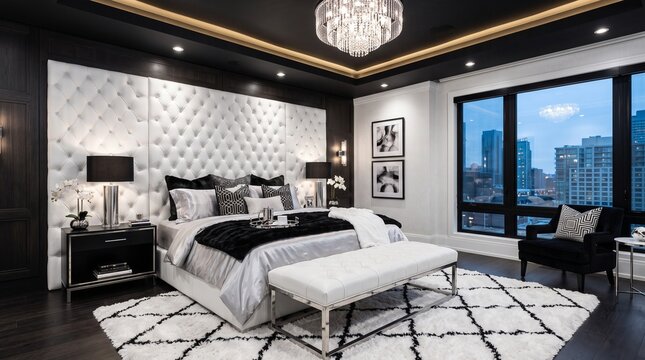 Luxurious master bedroom interior features tufted leather headboard walls dark wood accents plush bedding and a panoramic cityscape view visible through large windows within a high rise city