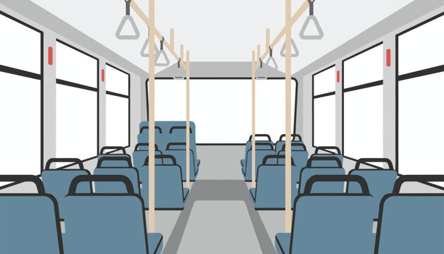 Interior view of an empty public transport bus features rows of blue seats and metal handrails against a bright white background.
