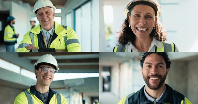 Construction, face and people on site with montage, contractor and pride in building renovation. Portrait, happy and engineers with diversity, development group and confidence in remodeling industry.