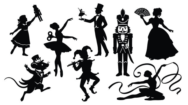 Nutcracker ballet character collection featuring elegant silhouettes of dancers soldiers and whimsical creatures in a clean black and white vector design