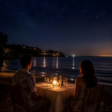 couple candlelight dinner in front of sea beach