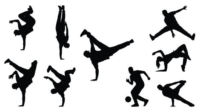 Dynamic street breakdancing silhouettes featuring various athletic bboy poses and energetic male dancers isolated within a clean white vector graphic