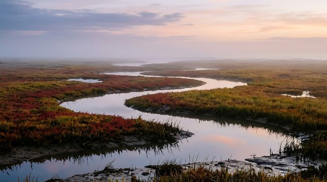 Serpentine River Winding Through Marshland at Sunrise with Fog and Soft Hues
