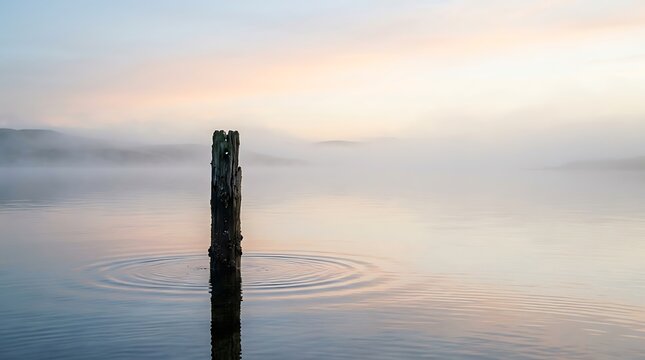 Tranquil Misty Lake with Wooden Post at Sunrise, Serene Water Ripples