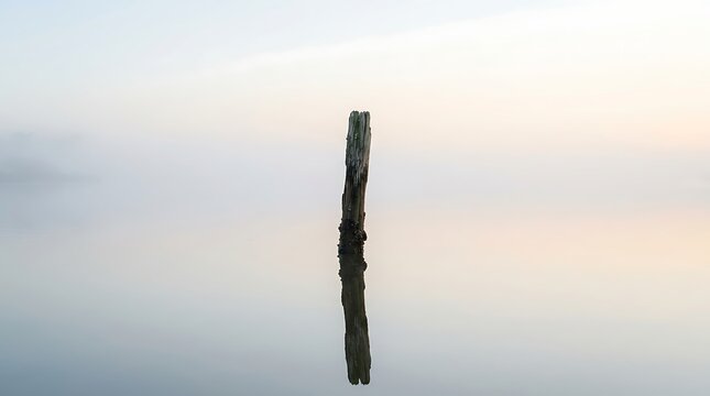 Tranquil Scene A Solitary Wooden Post Emerging from a Misty Lake at Dawn